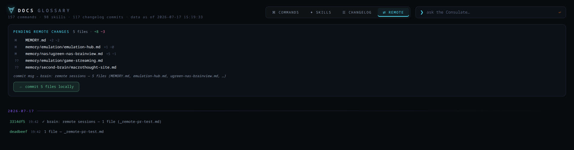 Remote changes tab, pending changes reviewed and committed locally